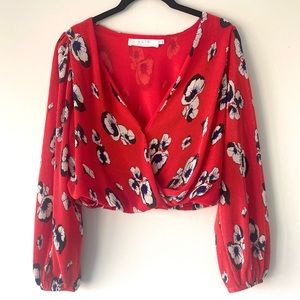 ASTR The Label Red Floral Pleated Long Sleeve Blouse
